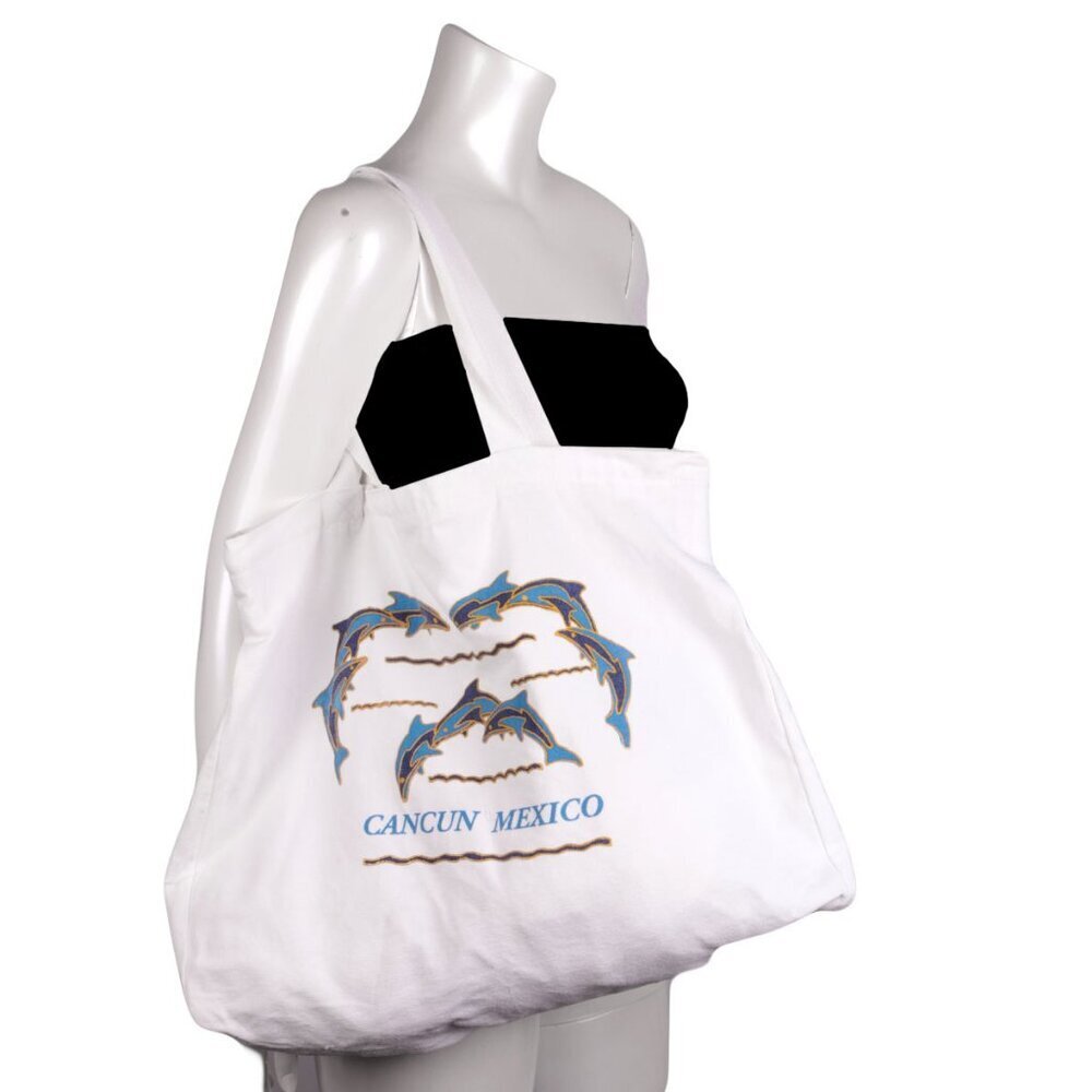 Cancun Mexico Tote Bag Dolphins Large Canvas Cotton Vacation Holiday White